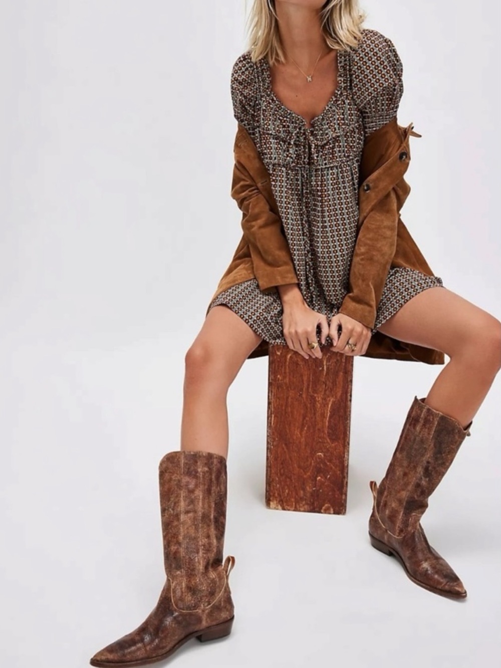 Free People Women’s Star Dip Mini Dress in Black Brown Combo Retro Babydoll Sz M - Picture 10 of 14